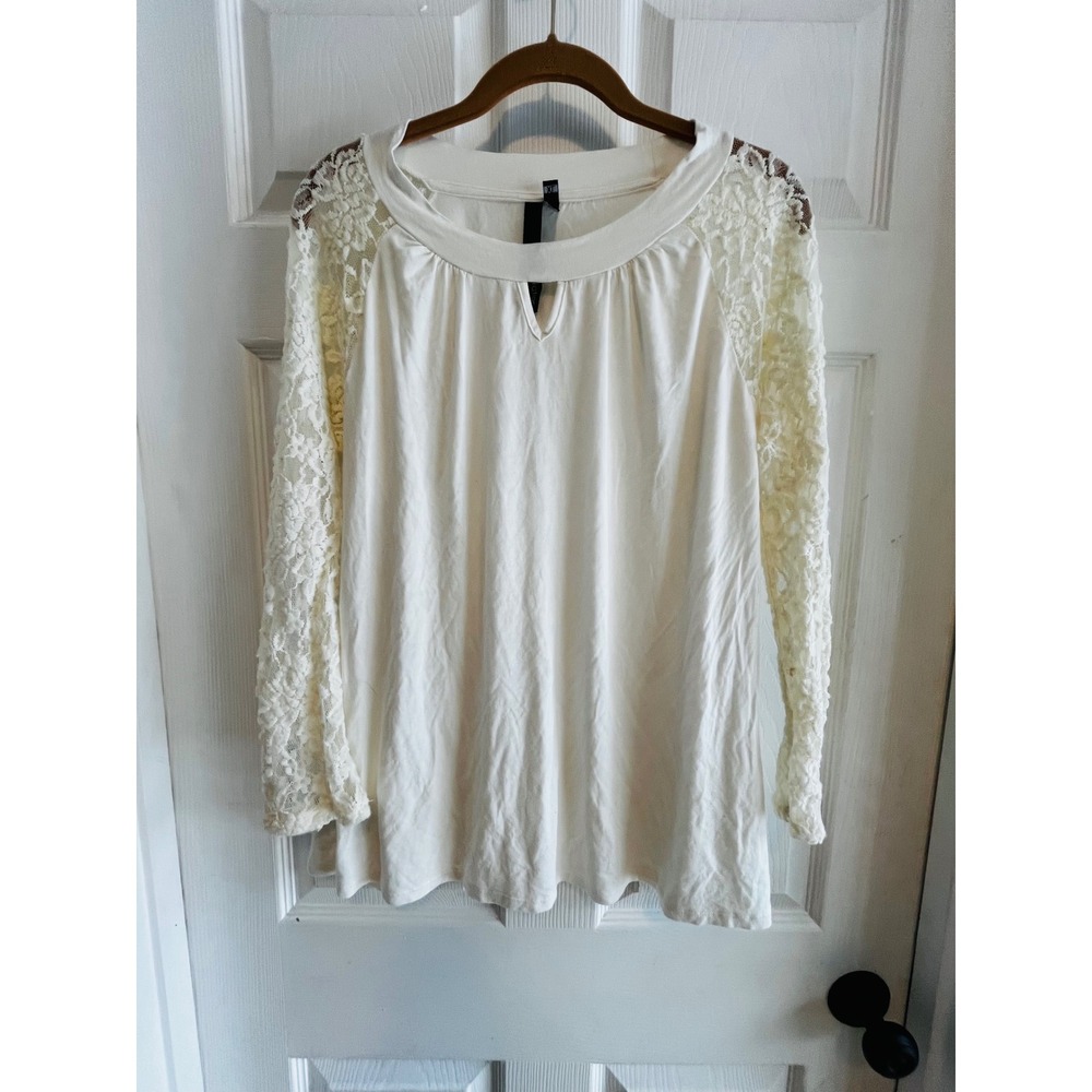 Women's Cream Lace Sleeve Top Keyhole Blouse Whimsical Coquette Clean Girl XL